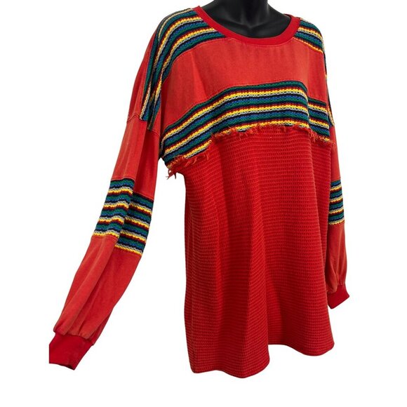BDG Womens Red Textured Knit Long Sleeve Top RUGBY Stripe Size Medium M NWT New - Picture 4 of 11